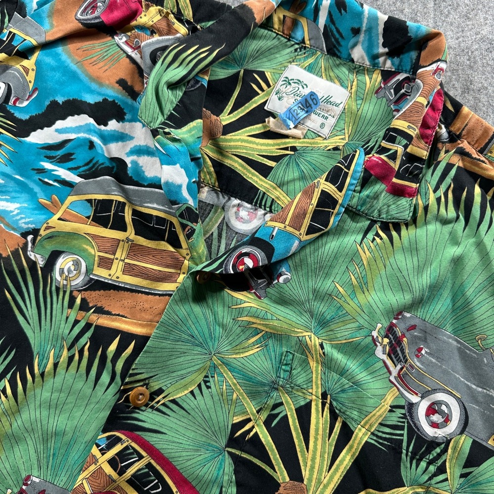Diamond Head Sportswear Hawaiian Shirt Mens Large Black Woody Car Tropical Print
